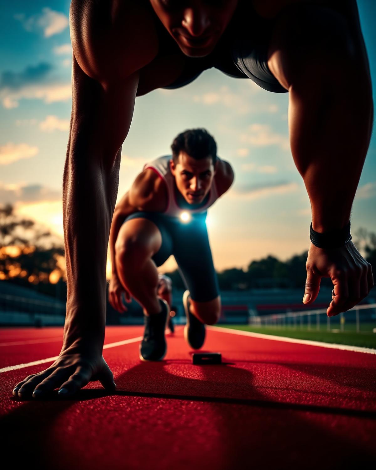 Atleta em posição de largada em pista vermelha